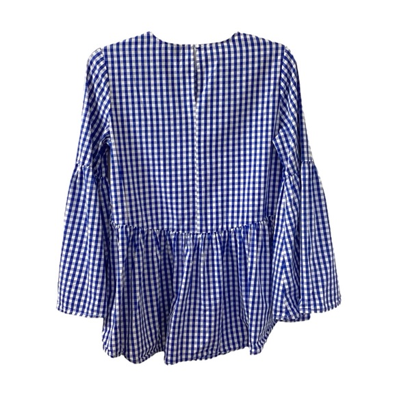 Who What Wear Blue White Gingham Blouse Peplum Hem Bell Sleeve Women's XS - Picture 2 of 14